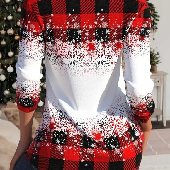 UP TO 50% OFF!! Snowman & Plaid Print Cross Front Tee Top, Casual Long Sleeve - Picture 2 of 3